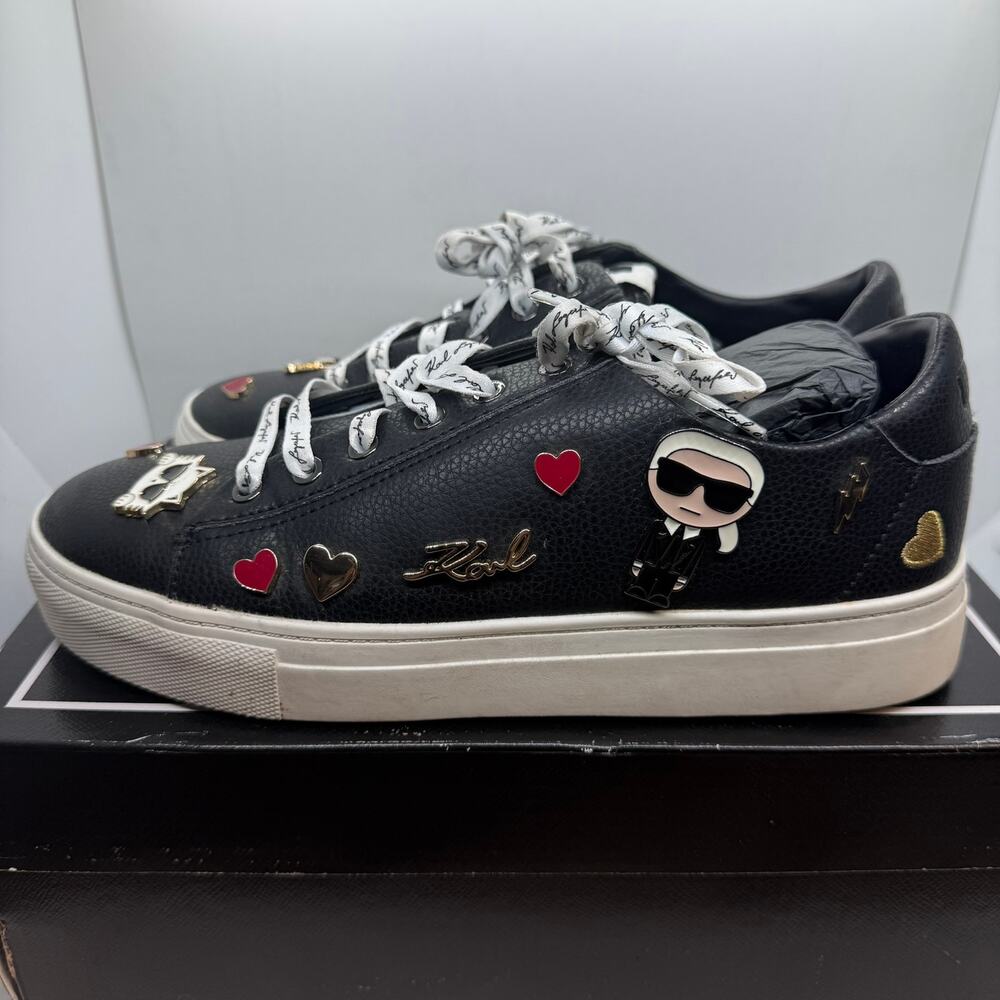 Karl Lagerfeld Paris Cate Pins Leather Sneakers Women's Size 9.5M Black Lace-Up